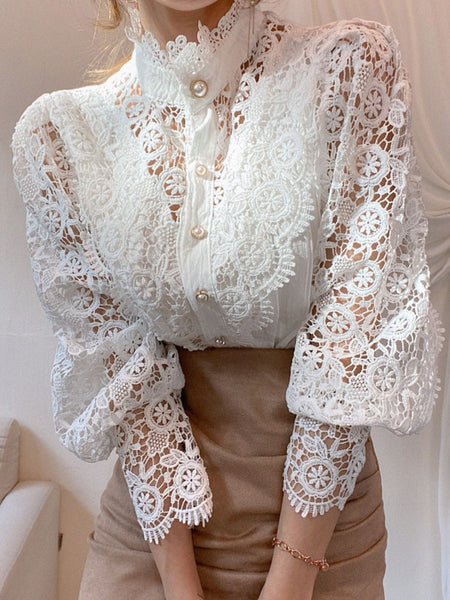 Petal Sleeve Stand Collar Hollow Out Flower Lace Patchwork Shirt Femme Blusas All-match Women Lace Blouse Button White Top 12419 ZopiStyle