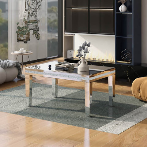 Modern Glass Mirrored Coffee Table, Easy Assembly Cocktail Table with Crystal Design and Adjustable Height Legs, Silver ZopiStyle
