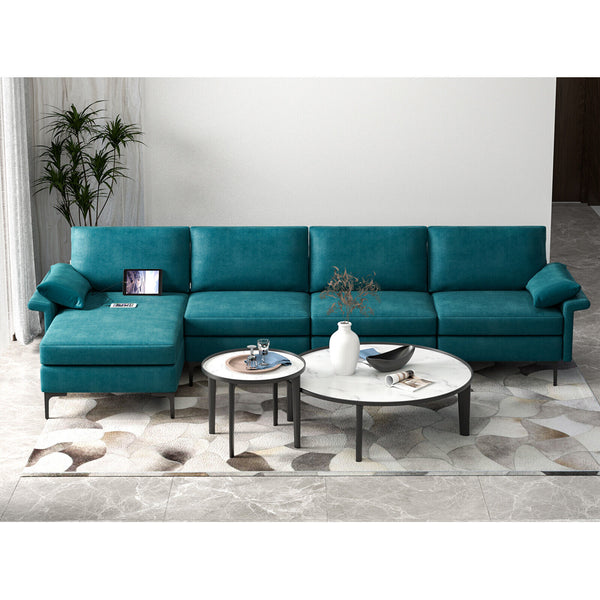 Costway Modern Modular L-shaped Sectional Sofa w/ Reversible Chaise &amp; 4 USB Ports Blue ZopiStyle
