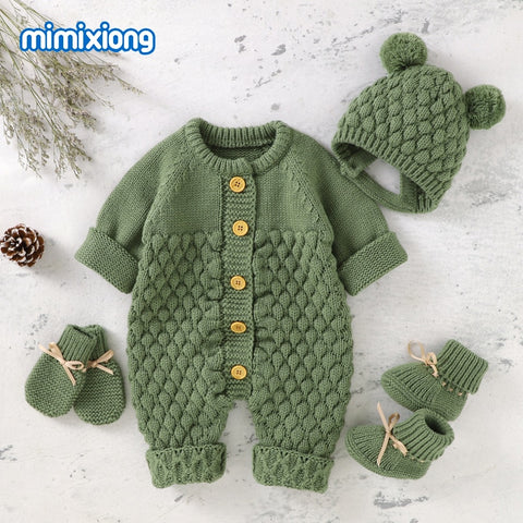 Baby Rompers Caps Clothes Sets Newborn Girl Boy Knitted Jumpsuits Outfits Autumn Winter Long Sleeve Toddler Infant Overalls 2pcs ZopiStyle