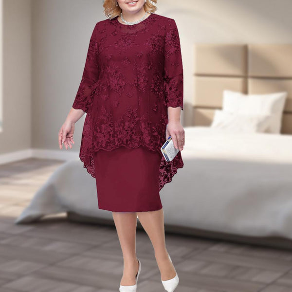 2022 New O-neck High-Waist Plus Size Midi Dress M-5XL Elegant  Embroidery Lace 3/4 Sleeve Lady Evening Dress Female Clothing ZopiStyle