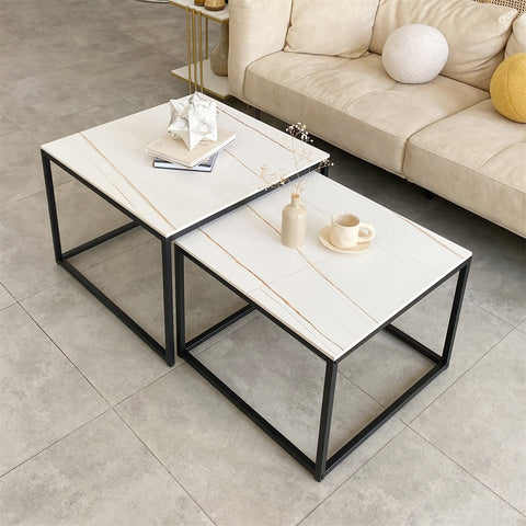 Modern Nesting Coffee Table Set of 2 for Living Room Center Office, Square Marble Cocktail Table with Stackable, White/Black ZopiStyle