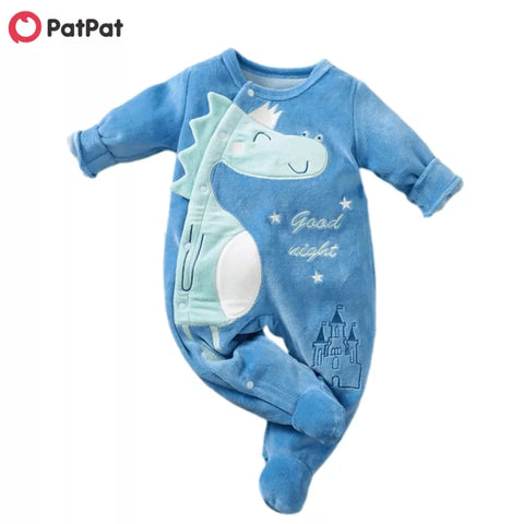 PatPat New Arrival Autumn And Winter Baby Dinosaur Fleece Jumpsuit Baby Clothing One Piece Cute Baby Rpmpers Baby&#39;s Clothing ZopiStyle
