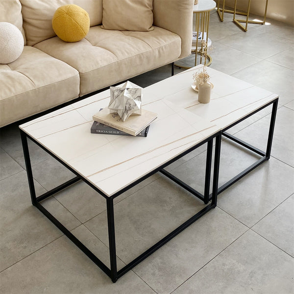 Modern Nesting Coffee Table Set of 2 for Living Room Center Office, Square Marble Cocktail Table with Stackable, White/Black ZopiStyle