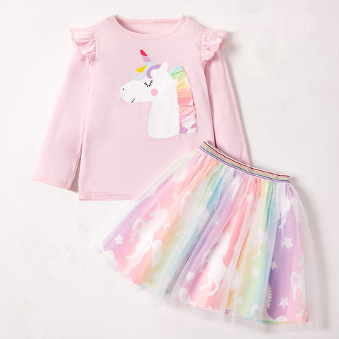 Summer Unicorn Girls Clothing Sets Cute Cartoon Cotton Coat And Mesh Skirt Princess Girls Suit 3-8 Years Party Gift Kids Clothes ZopiStyle