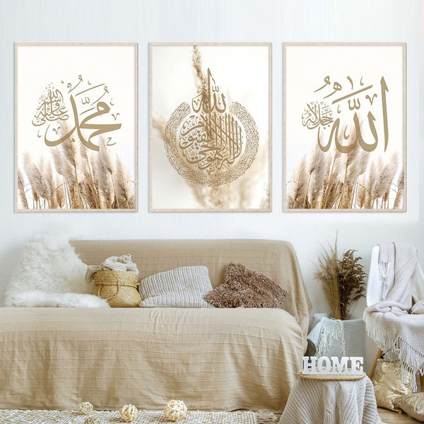 Islamic Wall Art Posters Allah Arabic Calligraphy Pampas Grass Affiche Murale Canvas Painting Wall Art Picture Living Room Decor ZopiStyle