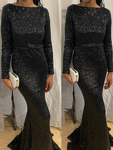 Elegant O Neck Long Sleeve Sequin Maxi Dress Floor Length Stretchy Bodycon Party Dress Gold Green Burgundy Red ZopiStyle