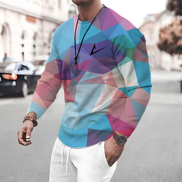 Men&#39;s Casual 3D Printed Long Sleeve T-Shirt Autumn Warm Color Gradient Style Versatile Trend Round Neck Men&#39;s Long Sleeve Top ZopiStyle