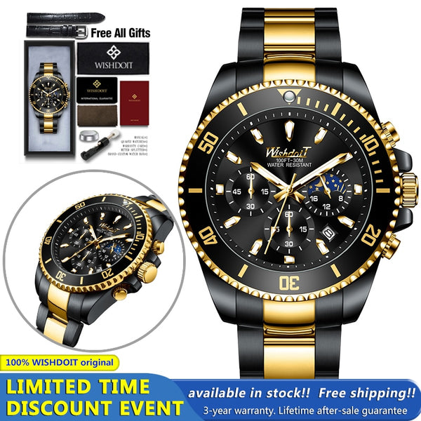 100%Original WISHDOIT Watch for Men TOP Brand Waterproof Sports Stainless Steel Chronograph 2021New Fashion Luxury Wristwatches ZopiStyle