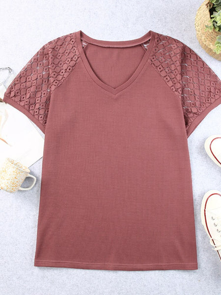 Plus Size Tops Woman 2023 Summer Lace Patchwork Short Sleeve V Neck Solid Casual T Shirt 4XL 5XL Large Size Women Clothing ZopiStyle