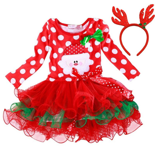 Baby Girls Polka-dot Christmas Dresses Santa Claus Long Sleeve Winter Red Xmas Party Princess Dress Cute Kids Prom Gown ZopiStyle