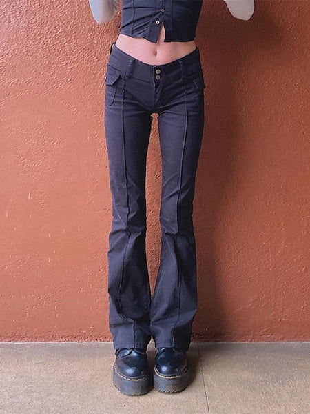 ALLNeon Indie Aesthetics Slim Low Waist Flare Pants E-girl Vintage Pockets Solid Y2K Pants Autumn 90s Fashion Black Trousers ZopiStyle