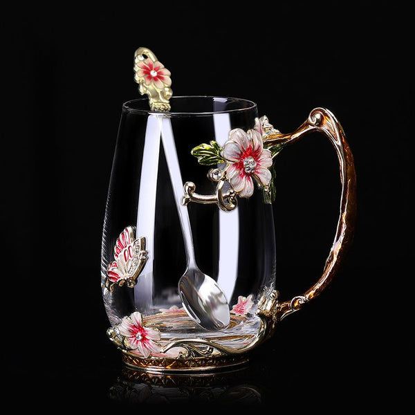 Beauty And Novelty Enamel Coffee Cup Mug Flower Tea Glass Cups for Hot and Cold Drinks Tea Cup Spoon Set Perfect Wedding Gift ZopiStyle