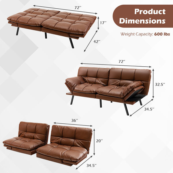 Convertible Futon Sofa Bed Memory Foam Couch Sleeper w/ Adjustable Armrest Brown ZopiStyle