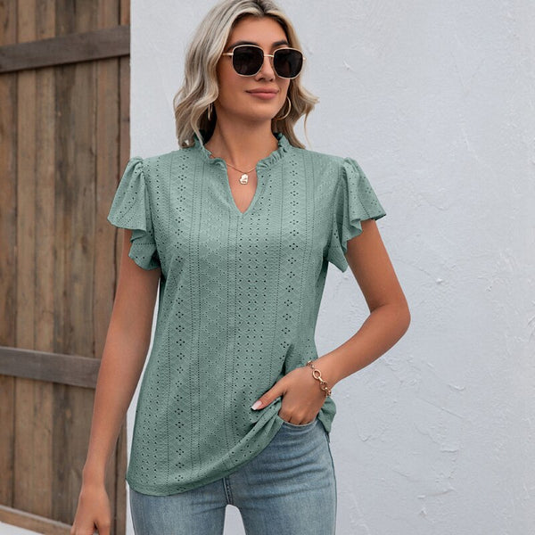 Women&#39;s Summer Short-sleeved T-shirt Fashion V-neck Hollow Lotus Leaf Sleeve Casual Loose Short-sleeved Blouse S-2XL ZopiStyle