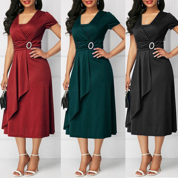 Elegant Women Solid Color Short Sleeve V Neck Asymmetric Hem Waist Tight Midi Party Dress Ladies Evening Vestidos ZopiStyle