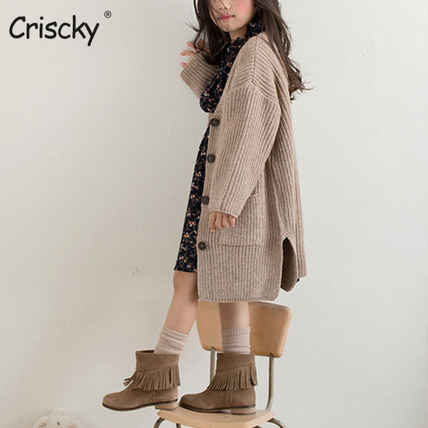 Criscky 2022 New Kids Clothes Single Breast Girls Cardigans Sweater Long Style England Style Cardigans Knitted Sweater Winter ZopiStyle