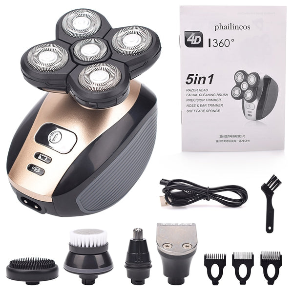 5 In 1 4D Men&#39;s Rechargeable Bald Head Electric Shaver 5 Floating Heads Beard Nose Ear Hair Trimmer Razor Clipper Facial Brush ZopiStyle
