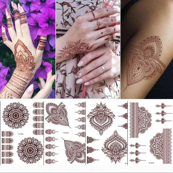 Temporary Tattoos for Women Flower Mandala Mehndi Sticker for Hand Brown Henna Sticker Women&#39;s Body Protection Tattoo Waterproof ZopiStyle