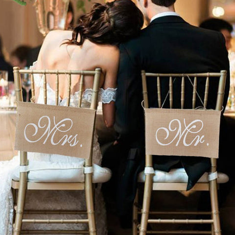 1 Set of 2 Burlap Bows Mr. & Mrs Burlap Chair Banner Set Chair Sign Garland Rustic Wedding Party Decoration ZopiStyle