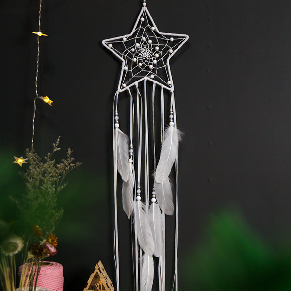 Dreamcatcher Moon/Round/Star Handmade Wall Ornament Girls Room Decoration Feather Dream Catcher Five-pointed star ZopiStyle