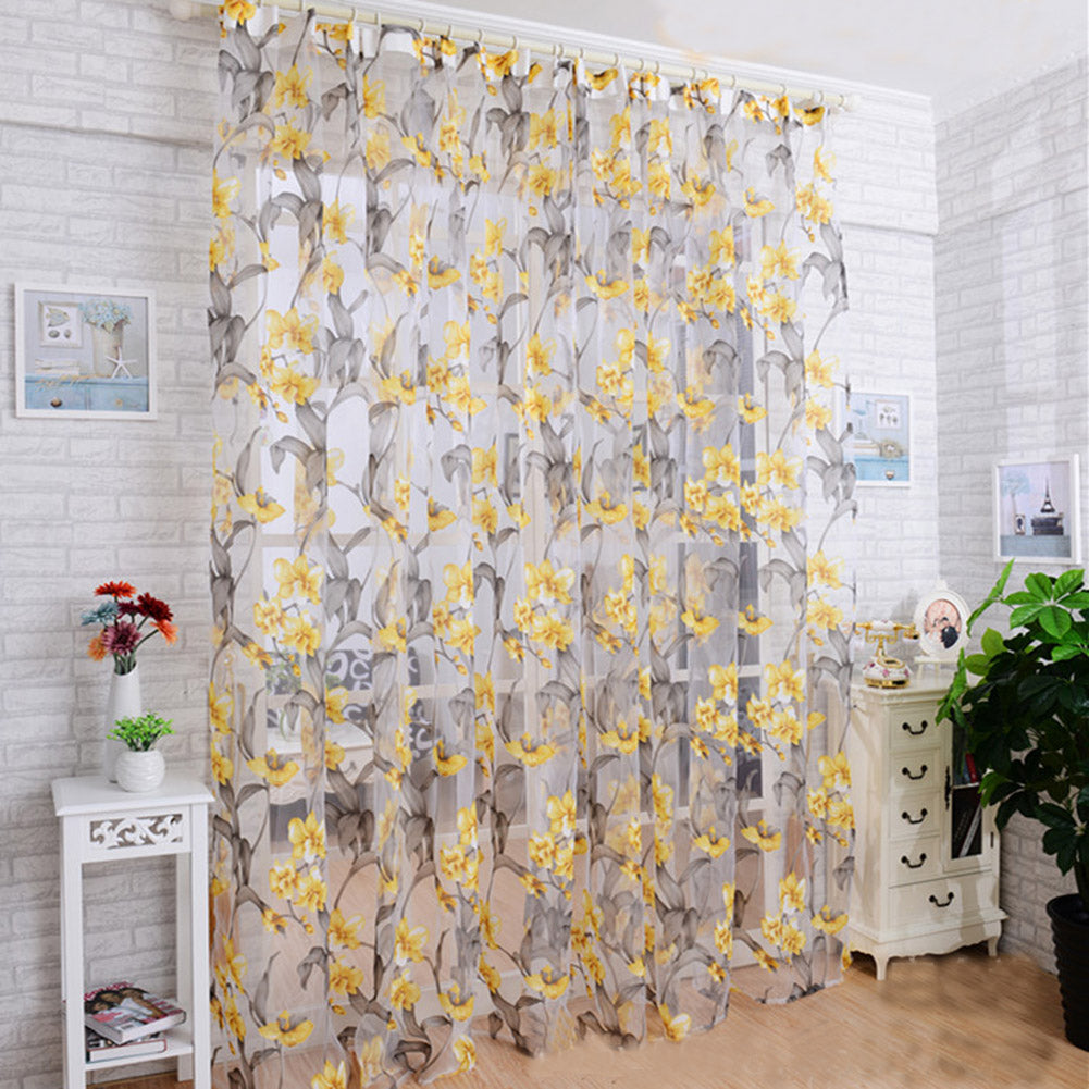 Window Curtain Tulle with Yellow Floral Printing for Bedroom Living Room Balcony  1m wide * 2m high_Yellow yarn ZopiStyle