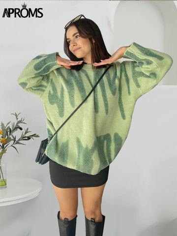 Aproms Elegant Green Striped Print Pullovers Women Winter O-Neck Loose Long Sweaters Streetwear Warm Outerwear 2022 ZopiStyle