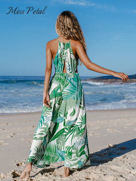 MISS PETAL Green Leafy Cutout Maxi Dress For Woman Sexy Cut Out Open Back Summer Holiday Long Dress 2023 New Beach Sundress ZopiStyle
