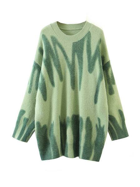 Aproms Elegant Green Striped Print Pullovers Women Winter O-Neck Loose Long Sweaters Streetwear Warm Outerwear 2022 ZopiStyle