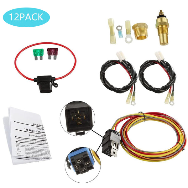 12pcs Dual Electric Cooling Fan Wire Harness Kit 185 On 165 Off Thermostat 50 AMP Relay ZopiStyle