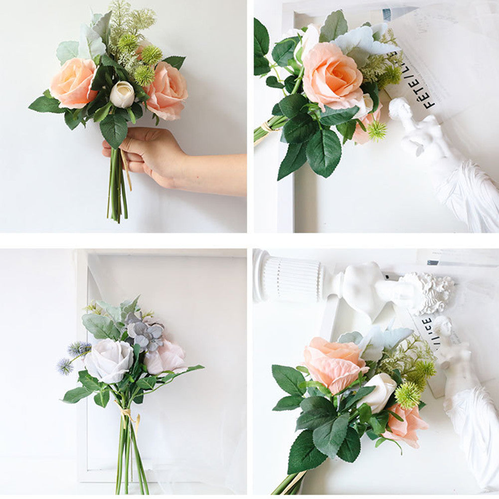 1bunch Fabric Artificial Rose Flower Decorative  Ornament For Wedding Home White and green ZopiStyle