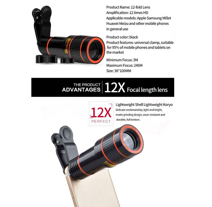 12x 8x Optical Zoom Macro HD Lens With Lens Cap Phone Clip For Smartphone Camera Lens 12X lens ZopiStyle
