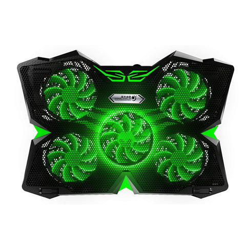 5 Fans Gaming Laptop Cooling Pad for 12""-17"" Laptops with LED Lights Dual USB Ports Adjustable Height at 1400 RPM green ZopiStyle