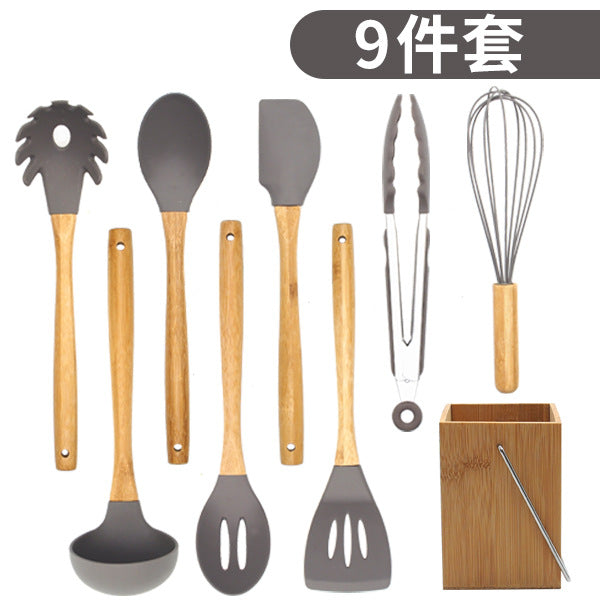 9Pcs/Set Kitchen Utensil Set Silicone Cooking Nonstick Cookware Spatula Spoon Set  with bamboo seat ZopiStyle