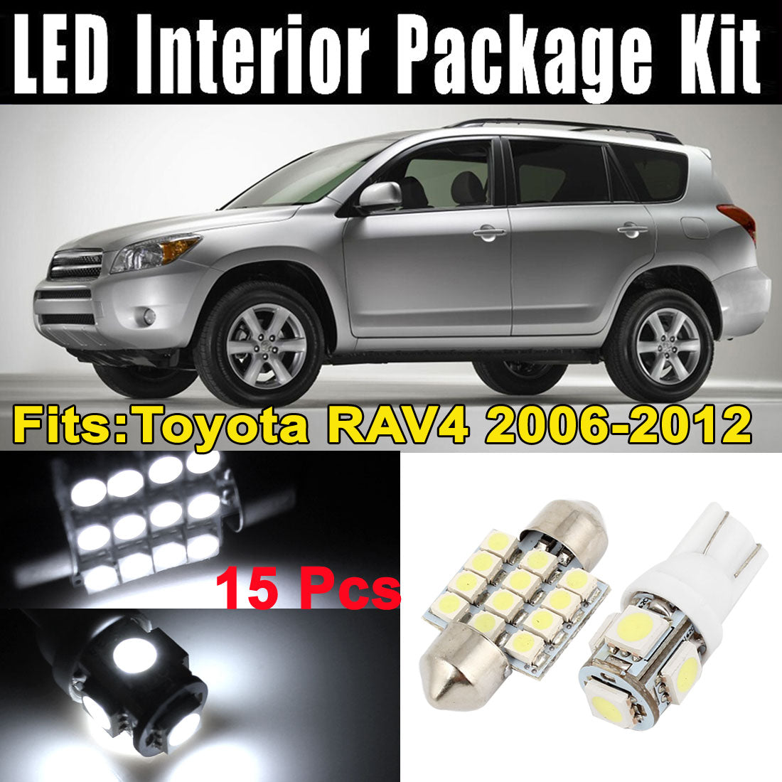 15Pcs LED Lights Interior White Dome Map Lamp Kit for Toyota RAV4 2006-2012 (7xT10-5-5050+8x31MM-12-3528) ZopiStyle