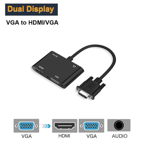 2 in 1 VGA to VGA HDMI Splitter with 3.5mm Audio Converter Support Dual Display for PC Projector HDTV Multi-port VGA Adapter black ZopiStyle