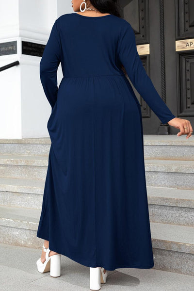 Plus Size Round Neck Long Sleeve Maxi Dress with Pockets Trendsi