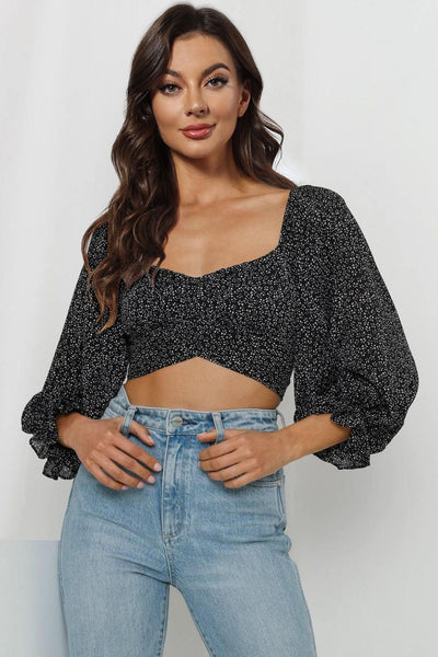 Printed Long Flounce Sleeve Cropped Blouse Trendsi