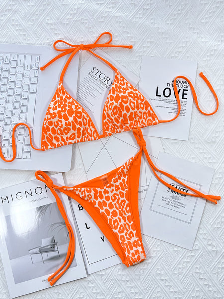 Leopard Print Halter Neck Tie Side Bikini Set Trendsi