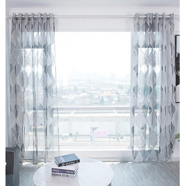 100*250cm Tulle Curtain Leaf Print Perforated Drapes for Home Living Room Balcony Decoration gray_100*250cm (W*H) ZopiStyle