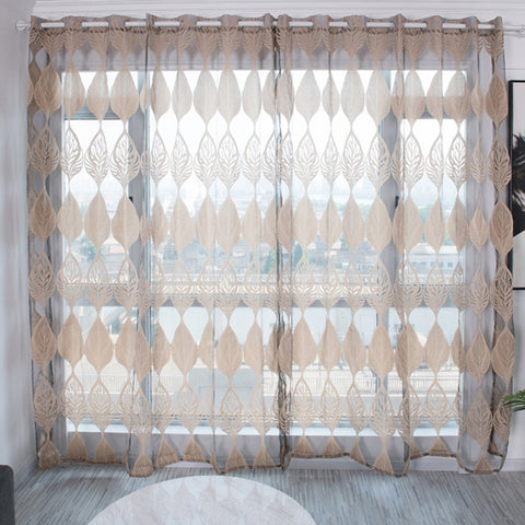 100*250cm Tulle Curtain Leaf Print Perforated Drapes for Home Living Room Balcony Decoration Coffee color_100*250cm (W*H) ZopiStyle