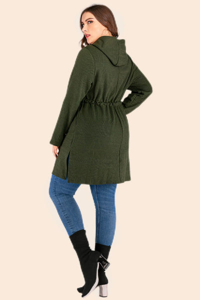 Plus Size Drawstring Waist Hooded Cardigan with Pockets Trendsi
