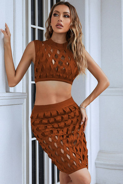 Openwork Cropped Top and Skirt Set Trendsi
