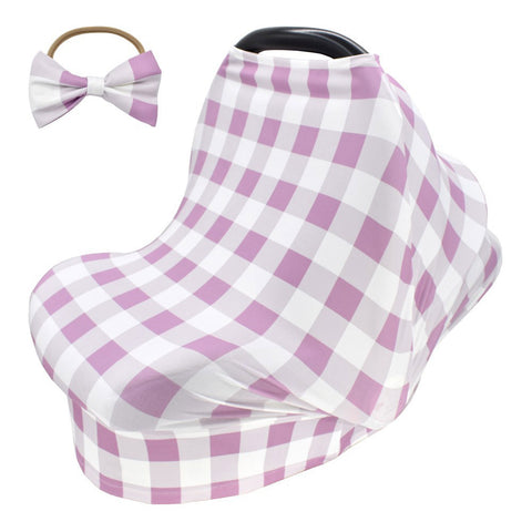 2pcs Stretchy Baby Car Seat Cover + Baby bow headband Multiuse - Nursing Breastfeeding Covers Car Seat Canopies  Light purple tartan design ZopiStyle