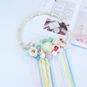 Wooden Beads Plush Ball Garland with Tassel Wall Decoration Photography Props Tassel white ZopiStyle