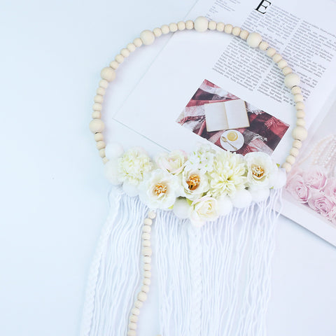 Wooden Beads Plush Ball Garland with Tassel Wall Decoration Photography Props Tassel white ZopiStyle