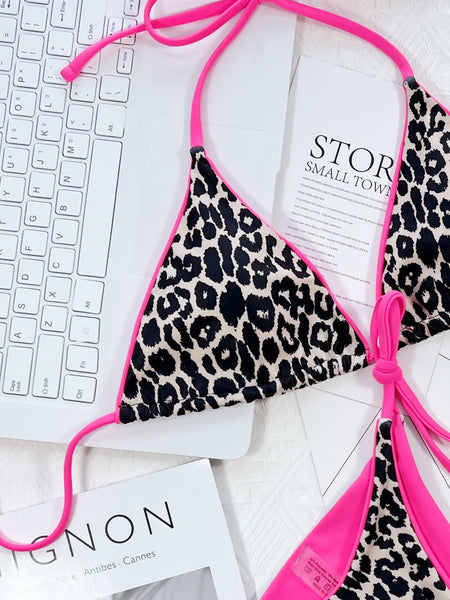 Leopard Print Halter Neck Tie Side Bikini Set Trendsi