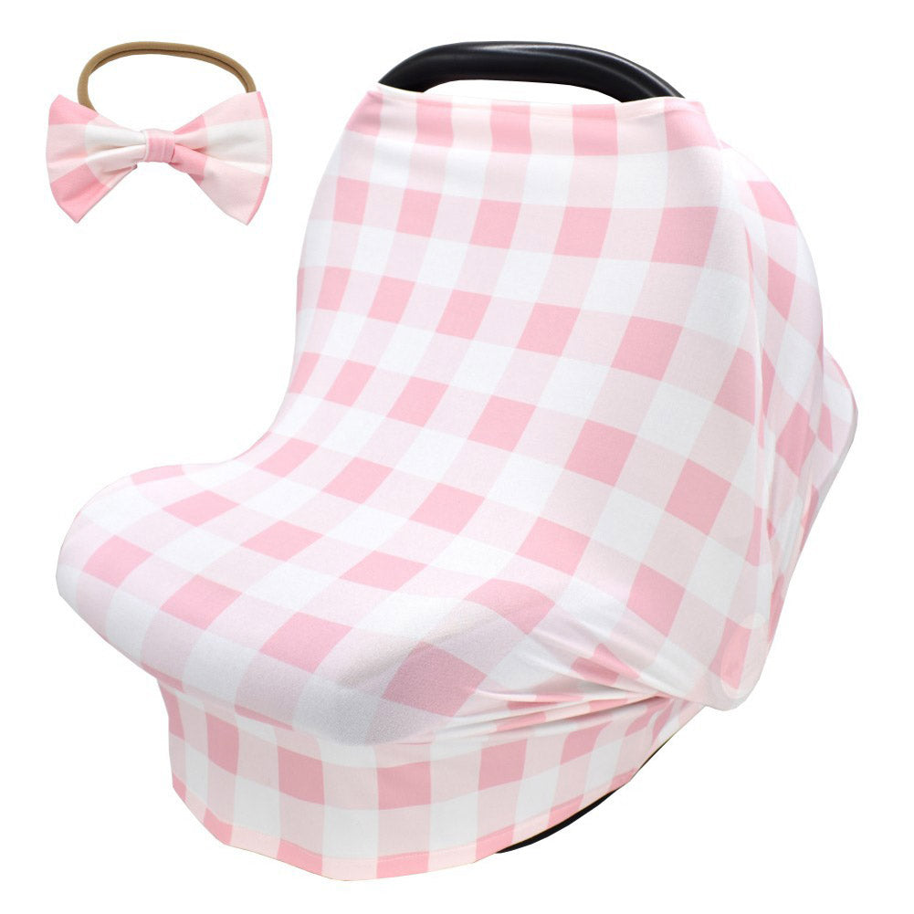 2pcs Stretchy Baby Car Seat Cover + Baby bow headband Multiuse - Nursing Breastfeeding Covers Car Seat Canopies  Pink tartan design ZopiStyle