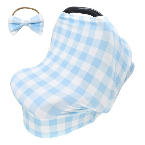 2pcs Stretchy Baby Car Seat Cover + Baby bow headband Multiuse - Nursing Breastfeeding Covers Car Seat Canopies  Sky blue tartan design ZopiStyle