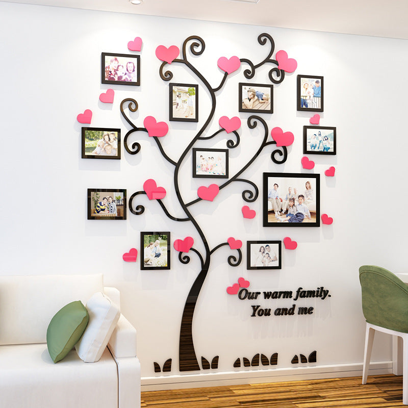 Wall Stickers Crystal Photo Frame Tree 3d Acrylic Living Room Bedroom Background Wall Decoration Black + pink_Medium 129*160cm ZopiStyle